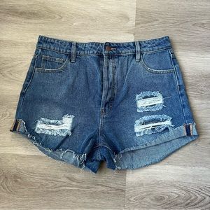 Distressed Denim High Rise Shorts Roll Cuff